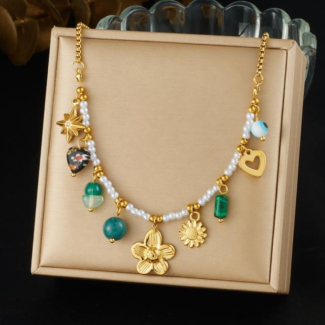 Vintage pearl bead chain multi element charm stainless steel necklace
