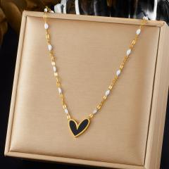 Simple red black enamel heart pearl chain necklace stainless steel necklace