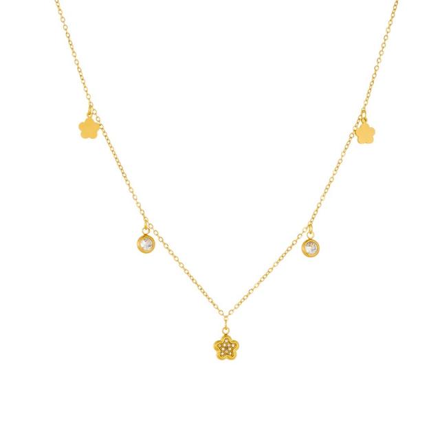 Korean fashion tiny diamond heart flower charm stainless steel necklace