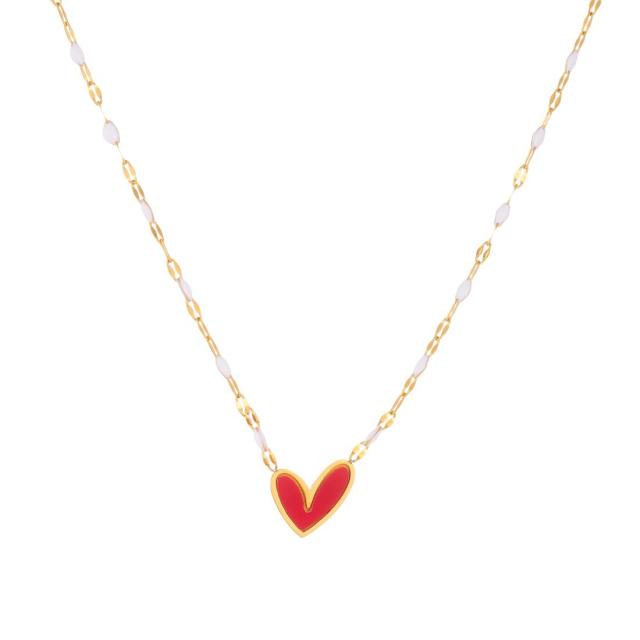 Simple red black enamel heart pearl chain necklace stainless steel necklace