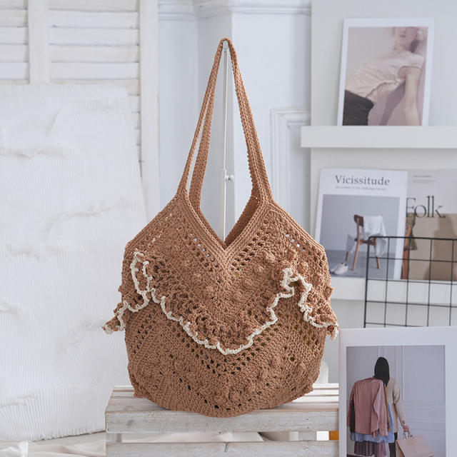 2026 Woven Shoulder Bag Handmade Woven Hollow Tote Bag Beach Vacation Women's Bag