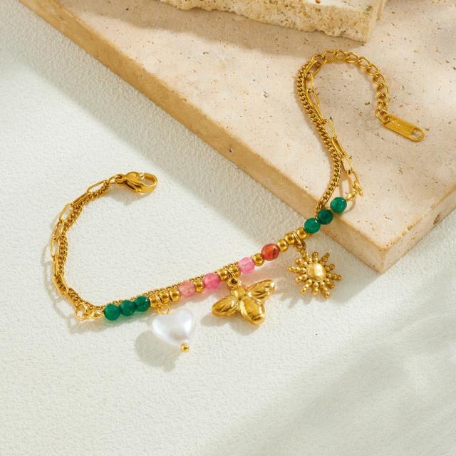 Sweet colorful bead sun bee heart charm stainless steel bracelet