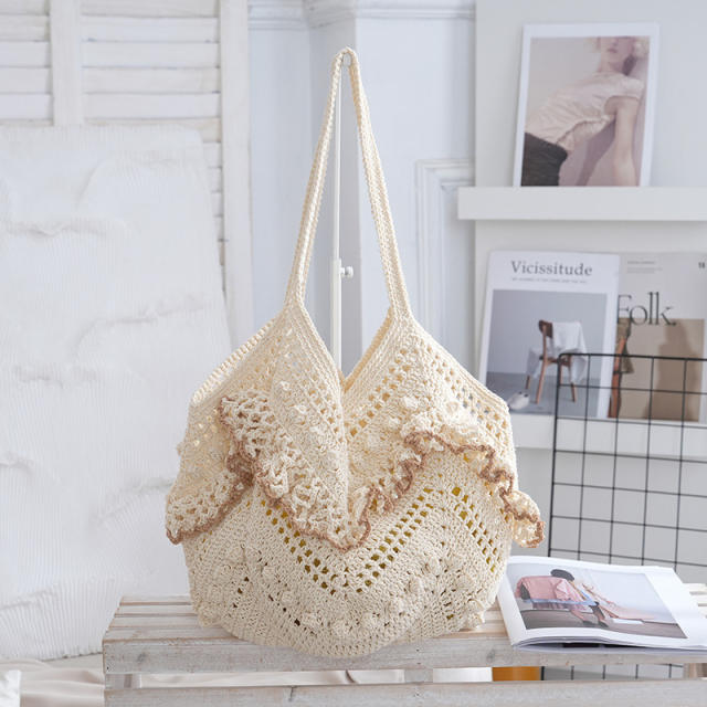 2026 Woven Shoulder Bag Handmade Woven Hollow Tote Bag Beach Vacation Women's Bag
