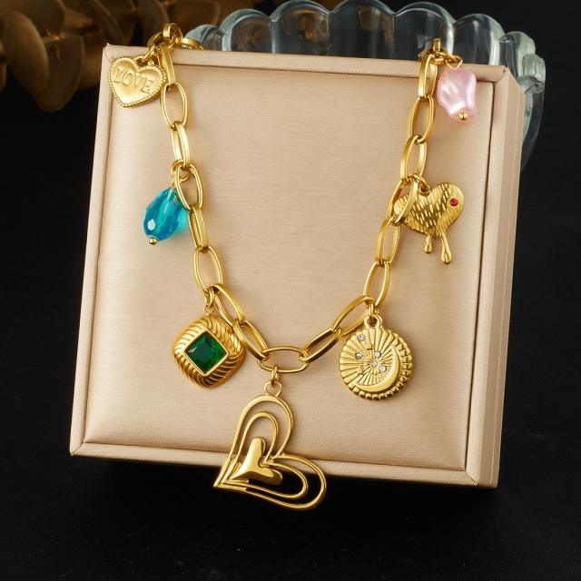 Vintage multi element heart crystal charm stainless steel necklace