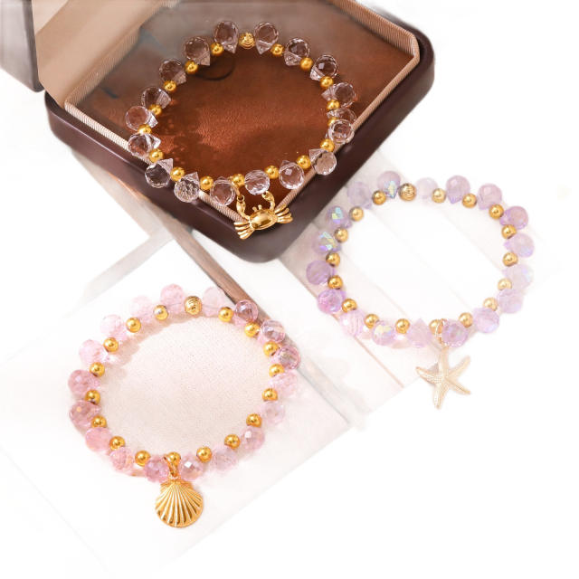 Violet crystal bead stainless steel bead charm bracelet