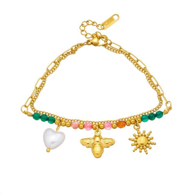 Sweet colorful bead sun bee heart charm stainless steel bracelet
