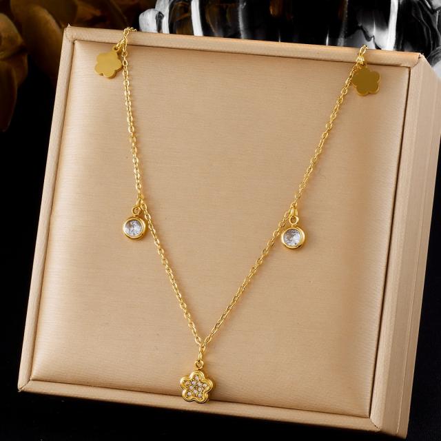 Korean fashion tiny diamond heart flower charm stainless steel necklace