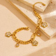 Hot sale clear crystal flower charm two layer stainless steel bracelet