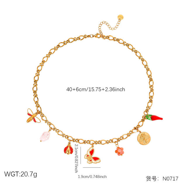 Sweet enamel butterfly charm stainless steel necklace bracelet set