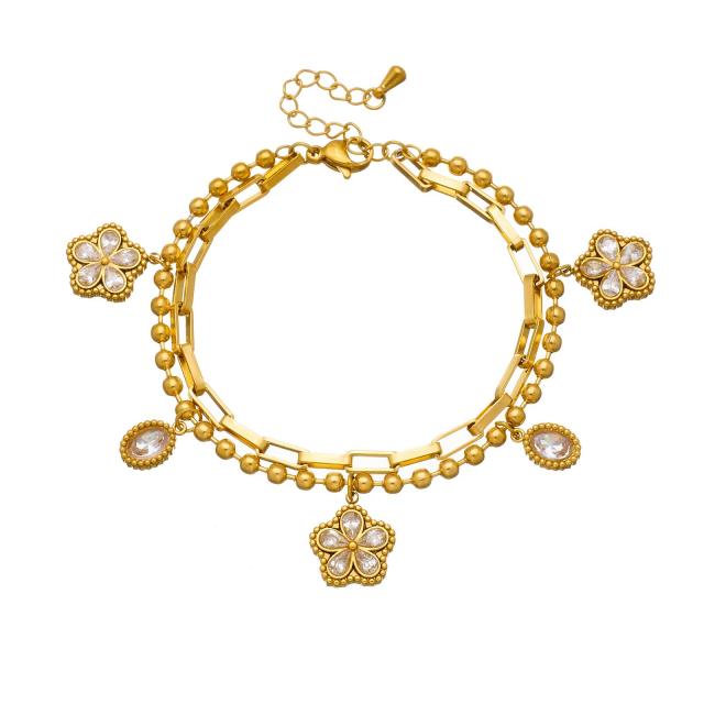 Hot sale clear crystal flower charm two layer stainless steel bracelet