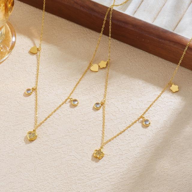 Korean fashion tiny diamond heart flower charm stainless steel necklace