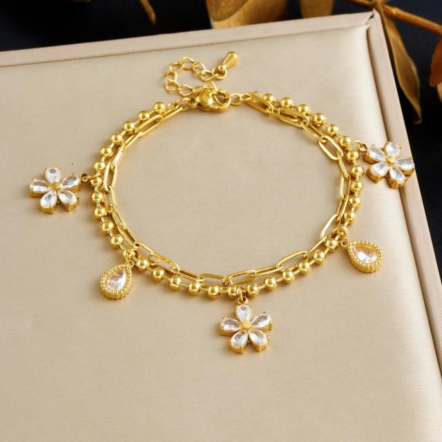 Fashion diamond moon star flower charm stainless steel bracelet