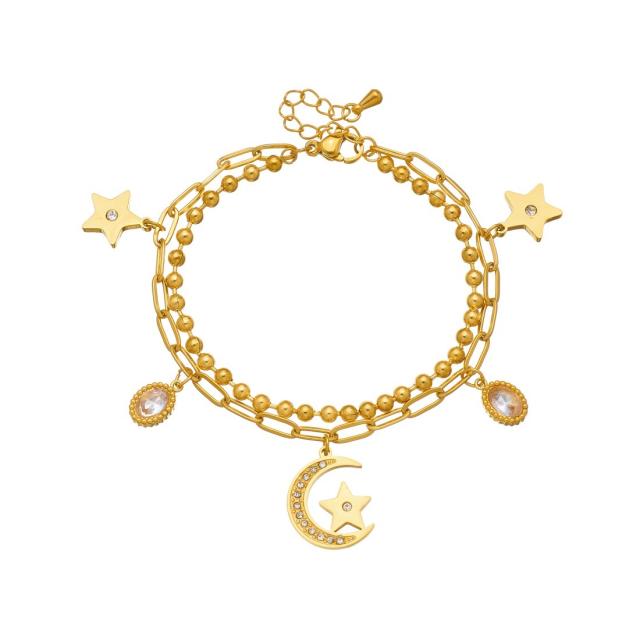 Fashion diamond moon star flower charm stainless steel bracelet