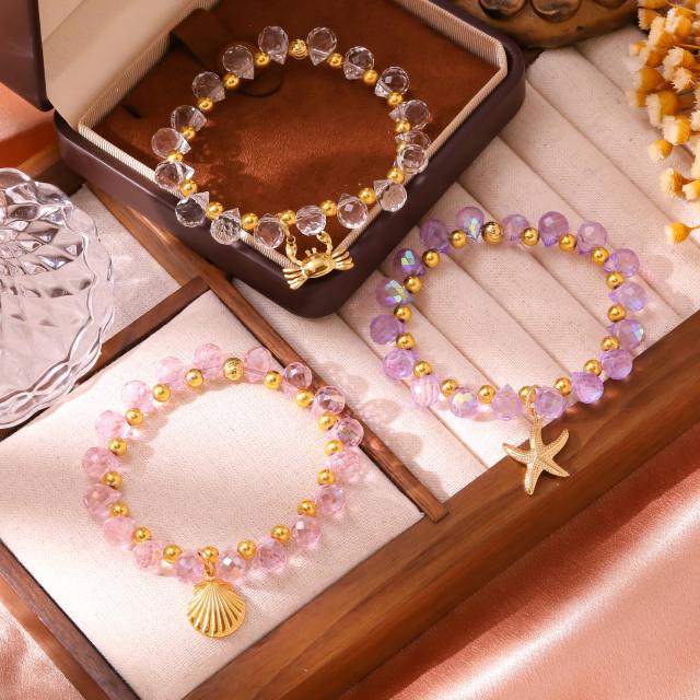 Violet crystal bead stainless steel bead charm bracelet