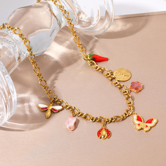 Sweet enamel butterfly charm stainless steel necklace bracelet set