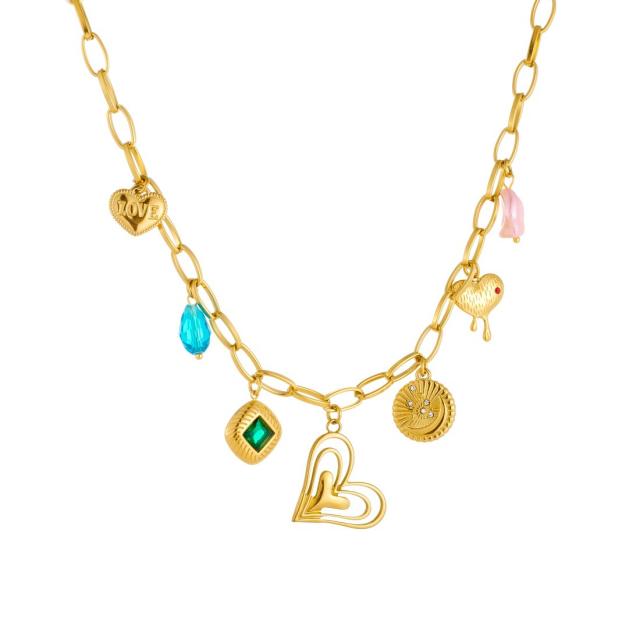 Vintage multi element heart crystal charm stainless steel necklace