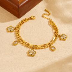 Hot sale clear crystal flower charm two layer stainless steel bracelet