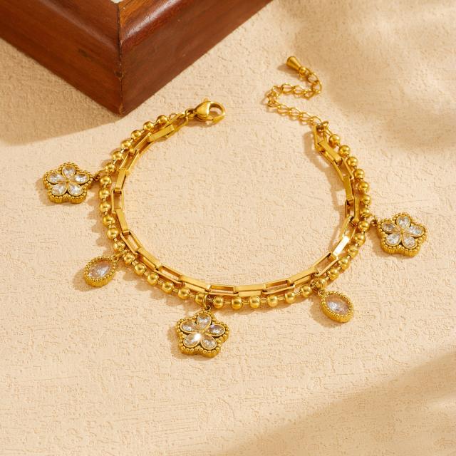 Hot sale clear crystal flower charm two layer stainless steel bracelet