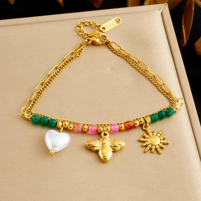 Sweet colorful bead sun bee heart charm stainless steel bracelet