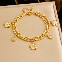 Hot sale clear crystal flower charm two layer stainless steel bracelet