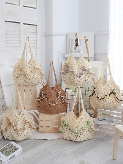 2026 Woven Shoulder Bag Handmade Woven Hollow Tote Bag Beach Vacation Women's Bag