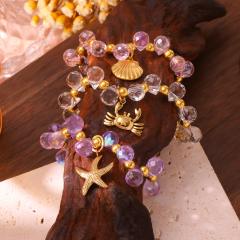 Violet crystal bead stainless steel bead charm bracelet
