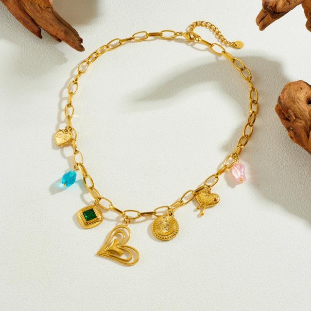 Vintage multi element heart crystal charm stainless steel necklace