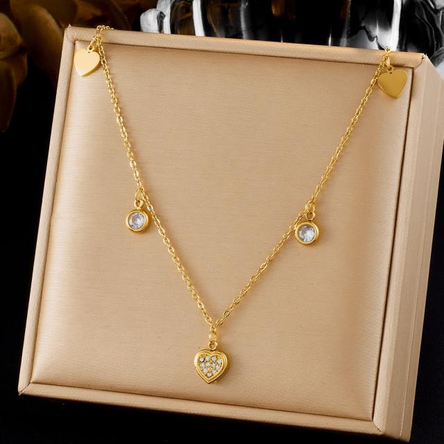 Korean fashion tiny diamond heart flower charm stainless steel necklace
