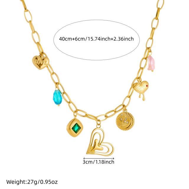 Vintage multi element heart crystal charm stainless steel necklace