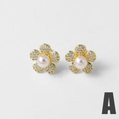 Real gold plated copper full diamond flower earrings studs