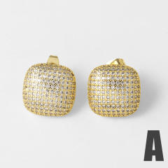 18K gold plated square full diamond copper earrings studs