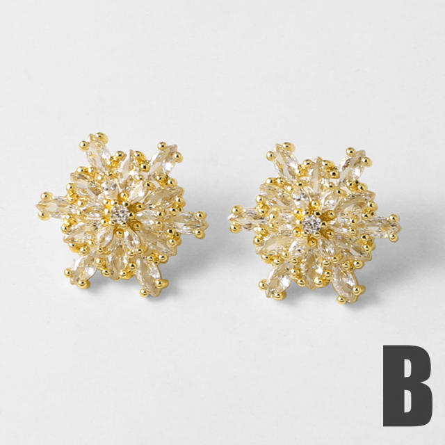 Real gold plated copper full diamond flower earrings studs