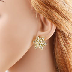 Real gold plated copper full diamond flower earrings studs
