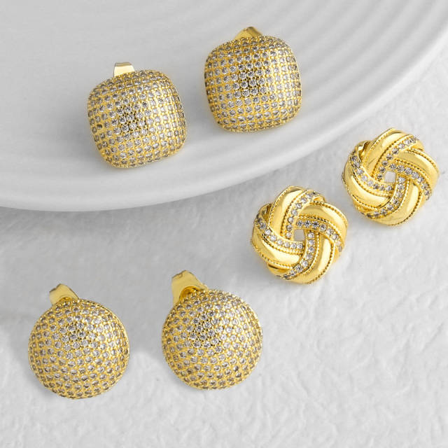18K gold plated square full diamond copper earrings studs