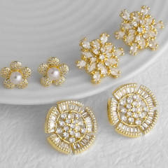 Real gold plated copper full diamond flower earrings studs