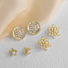 Real gold plated copper full diamond flower earrings studs