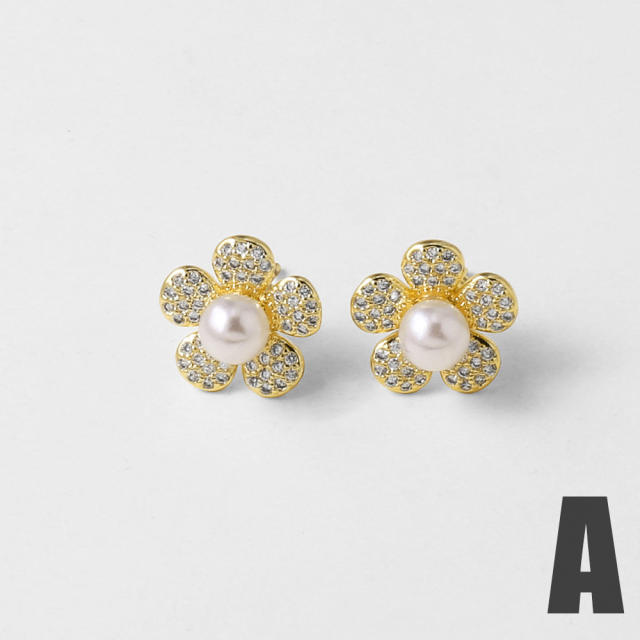 Real gold plated copper full diamond flower earrings studs