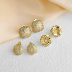 18K gold plated square full diamond copper earrings studs