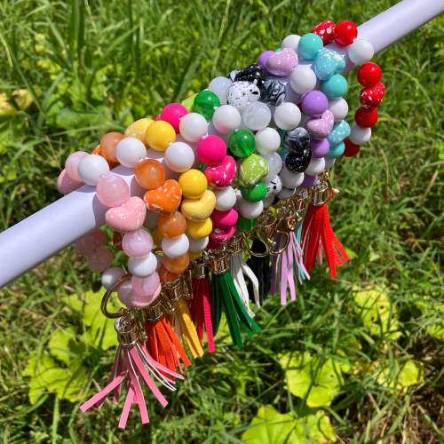 Handmade colorful heart bead PU tassel wrist keychain bag charm