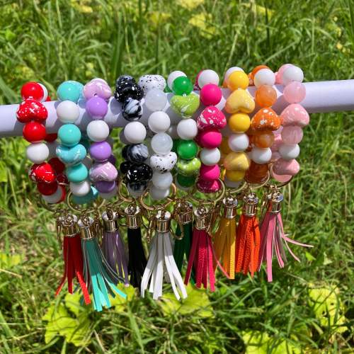 Handmade colorful heart bead PU tassel wrist keychain bag charm