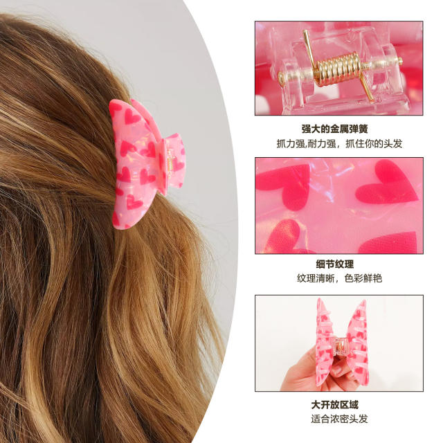 New Pink Printed Love Clip Cute women hair claw clips