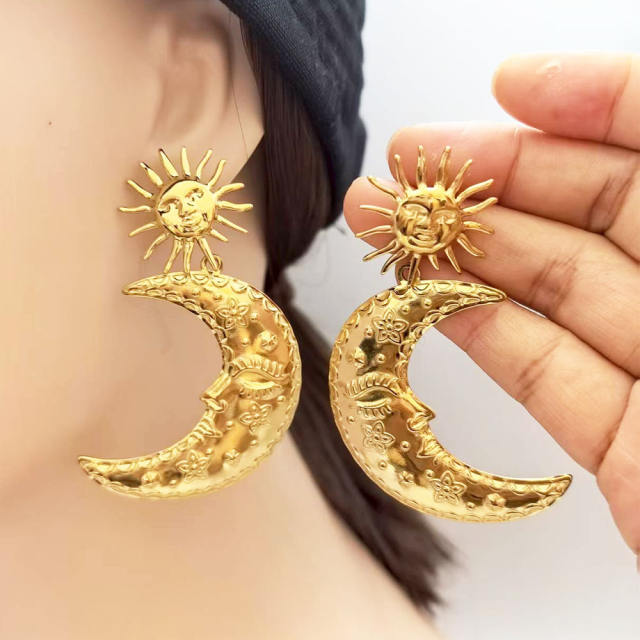 Stainless Steel earrings Plated 18K Real Gold Long Moon Star big Earrings