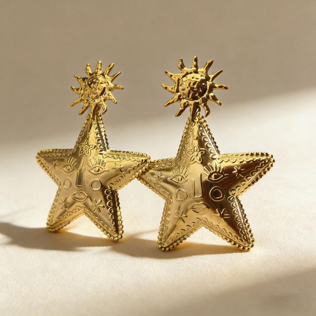 Big size star earrings 18k gold plated stainless steel earrings