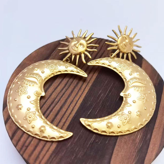 Stainless Steel earrings Plated 18K Real Gold Long Moon Star big Earrings