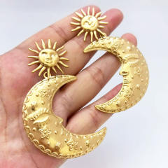 Stainless Steel earrings Plated 18K Real Gold Long Moon Star big Earrings