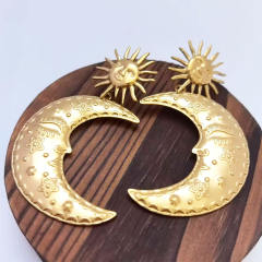 Stainless Steel earrings Plated 18K Real Gold Long Moon Star big Earrings