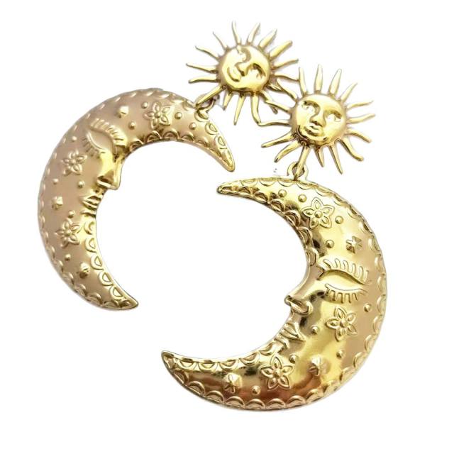 Stainless Steel earrings Plated 18K Real Gold Long Moon Star big Earrings