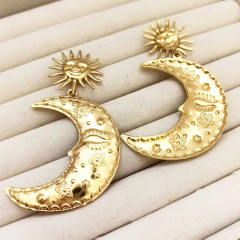 Stainless Steel earrings Plated 18K Real Gold Long Moon Star big Earrings
