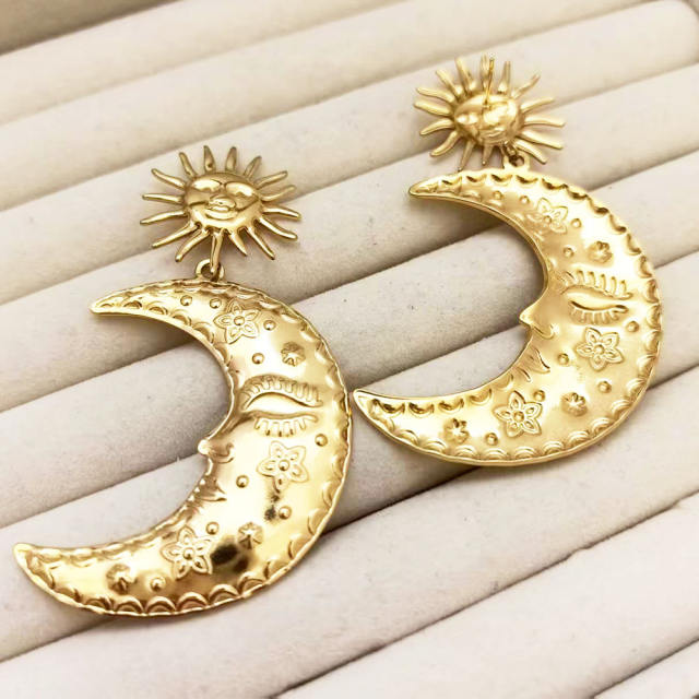 Stainless Steel earrings Plated 18K Real Gold Long Moon Star big Earrings