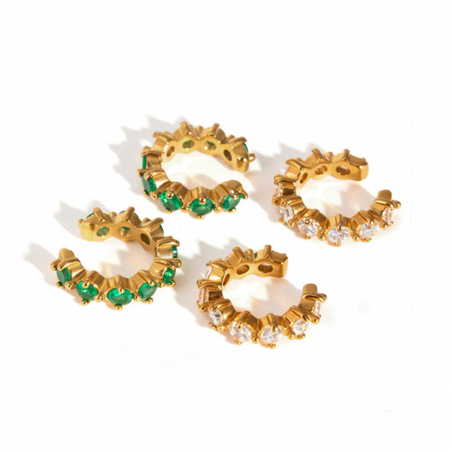 18KG white green cubic zircon inlaid stainless stee ear cuff earrings